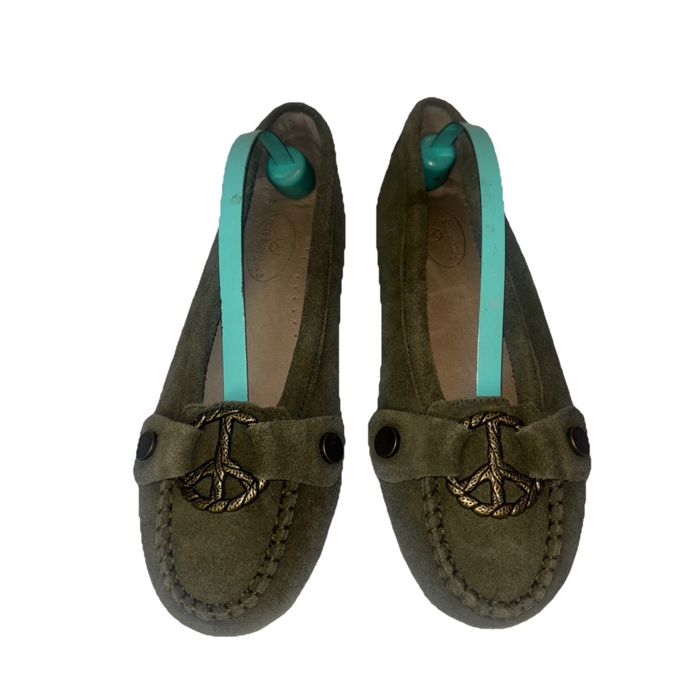 Peace Moccasins Suede Leather Moccasins Women's Size‎ 6 Olive Green Peace Buckle